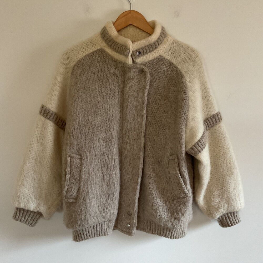 Alafoss Icewool Mens XS Wool Bomber Full Zip Jacket Beige Cream Made in Iceland